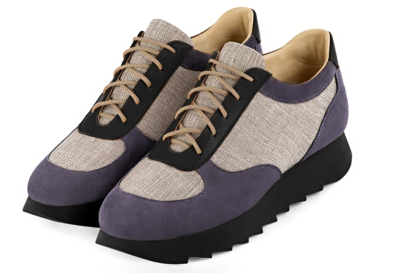 Lavender purple and satin black women's three-tone elegant sneakers. Round toe. Low rubber soles. Front view - Florence KOOIJMAN